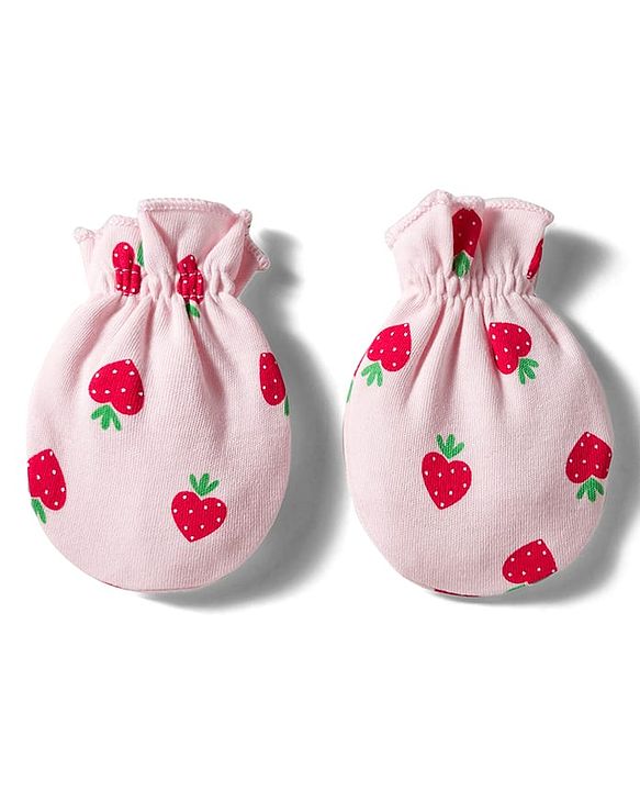 Babyhug 100% Cotton Interlock Knit Cap Mittens & Booties Set with Strawberry Print Pink - Diameter 11 cm