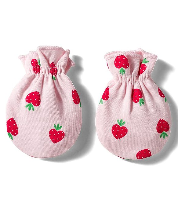 Babyhug 100% Cotton Interlock Knit Cap Mittens & Booties Set with Strawberry Print Pink - Diameter 11 cm