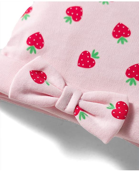Babyhug 100% Cotton Interlock Knit Cap Mittens & Booties Set with Strawberry Print Pink - Diameter 11 cm