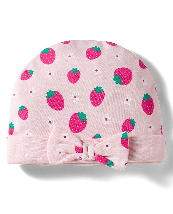 Babyhug 100% Cotton Interlock Knit Cap Mittens & Booties Set with Strawberry & Floral Print & Bow Applique Pink - Diameter 11 cm