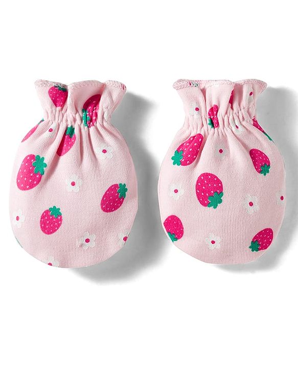 Babyhug 100% Cotton Interlock Knit Cap Mittens & Booties Set with Strawberry & Floral Print & Bow Applique Pink - Diameter 11 cm
