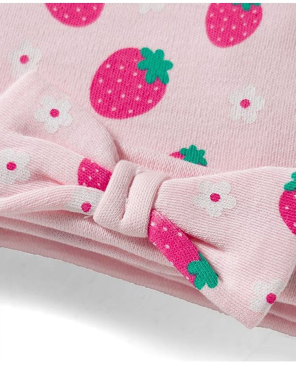 Babyhug 100% Cotton Interlock Knit Cap Mittens & Booties Set with Strawberry & Floral Print & Bow Applique Pink - Diameter 11 cm