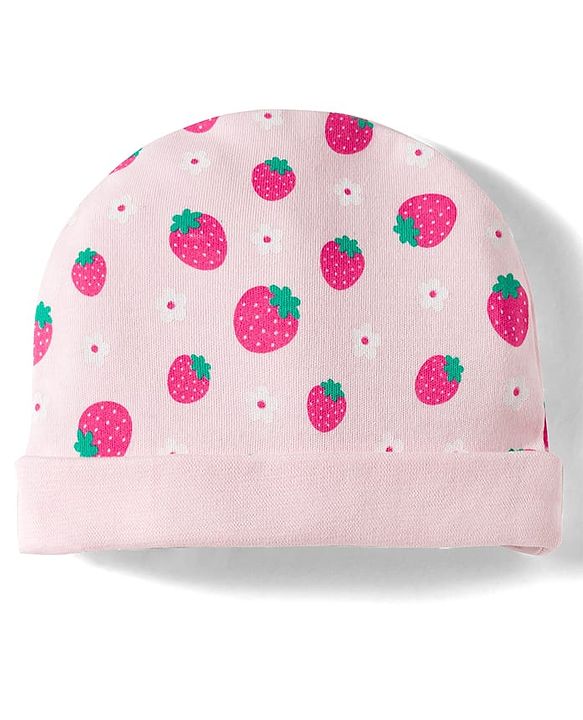 Babyhug 100% Cotton Interlock Knit Cap Mittens & Booties Set with Strawberry & Floral Print & Bow Applique Pink - Diameter 11 cm