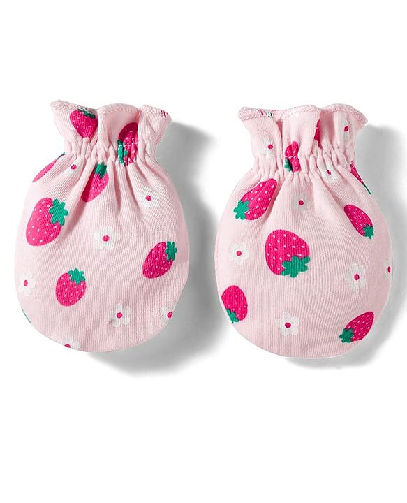 Babyhug 100% Cotton Interlock Knit Cap Mittens & Booties Set with Strawberry & Floral Print & Bow Applique Pink - Diameter 11 cm