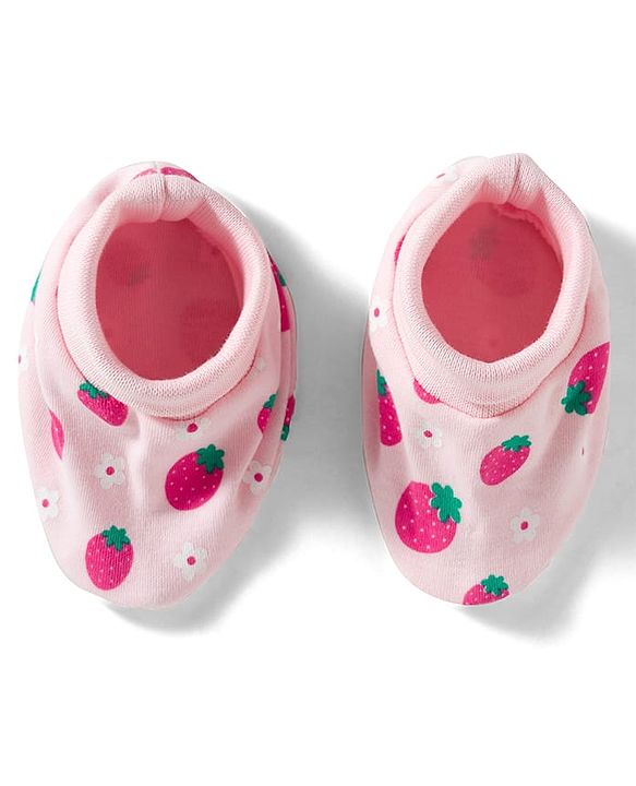 Babyhug 100% Cotton Interlock Knit Cap Mittens & Booties Set with Strawberry & Floral Print & Bow Applique Pink - Diameter 11 cm