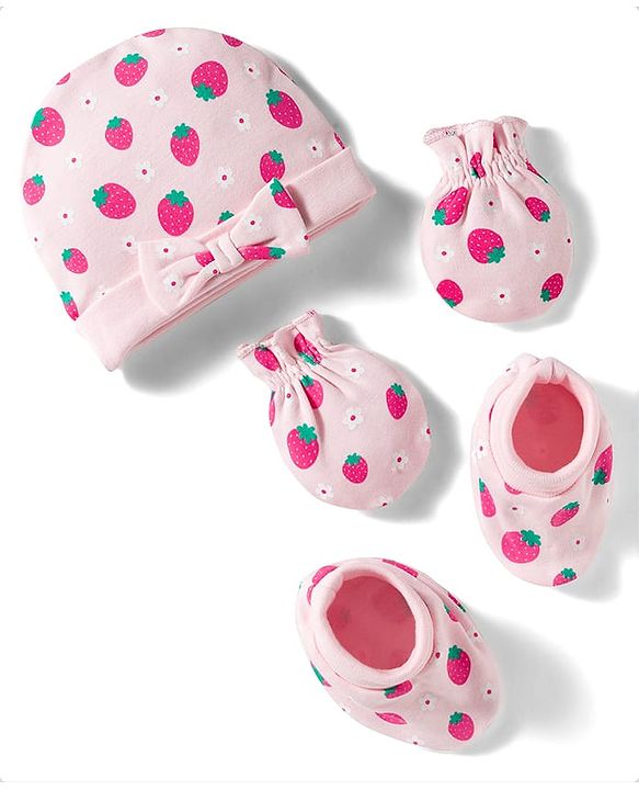 Babyhug 100% Cotton Interlock Knit Cap Mittens & Booties Set with Strawberry & Floral Print & Bow Applique Pink - Diameter 11 cm