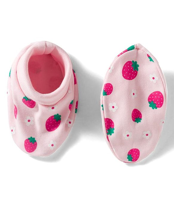 Babyhug 100% Cotton Interlock Knit Cap Mittens & Booties Set with Strawberry & Floral Print & Bow Applique Pink - Diameter 11 cm