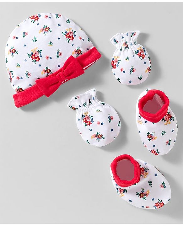 Babyhug 100% Cotton Knit Cap Mittens & Booties With Floral Print White - Diameter 10 cm