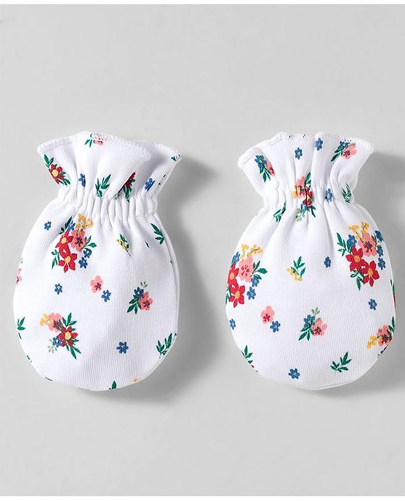 Babyhug 100% Cotton Knit Cap Mittens & Booties With Floral Print White - Diameter 10 cm