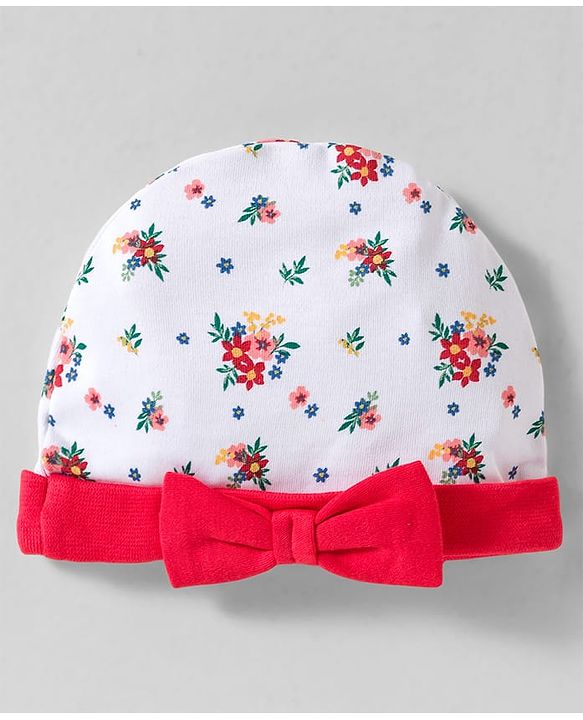 Babyhug 100% Cotton Knit Cap Mittens & Booties With Floral Print White - Diameter 10 cm