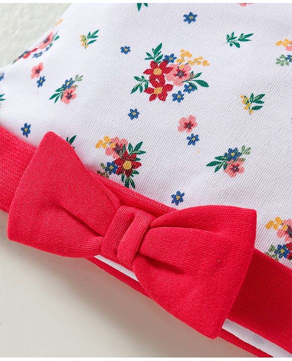 Babyhug 100% Cotton Knit Cap Mittens & Booties With Floral Print White - Diameter 10 cm