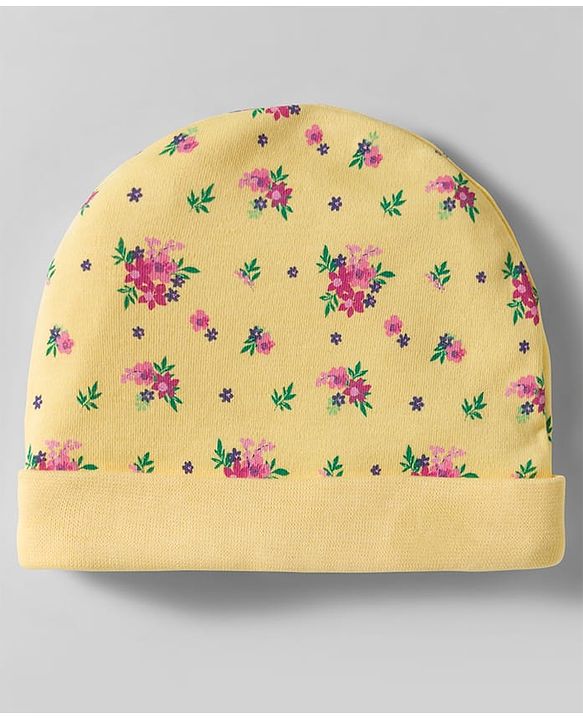 Babyhug 100% Cotton Interlock Knit Cap Mittens & Booties Set With Floral Print Yellow - Diameter 12 cm