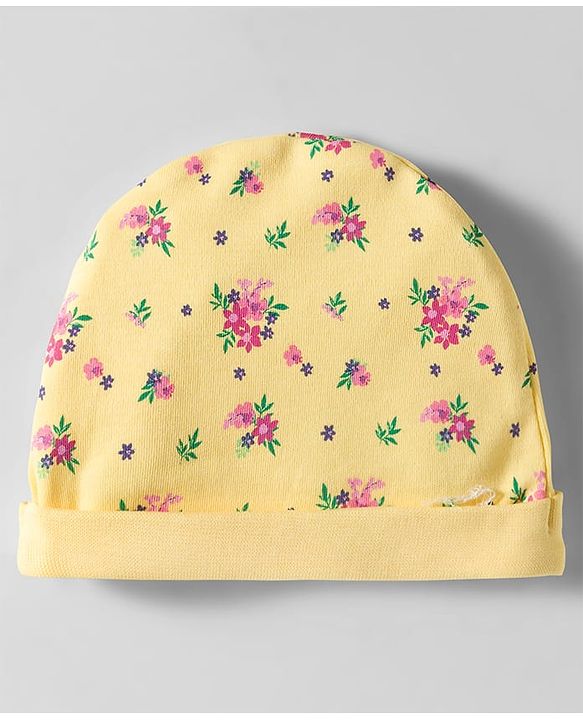 Babyhug 100% Cotton Interlock Knit Cap Mittens & Booties Set With Floral Print Yellow - Diameter 12 cm