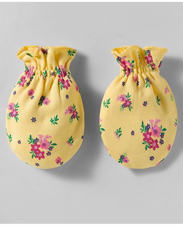 Babyhug 100% Cotton Interlock Knit Cap Mittens & Booties Set With Floral Print Yellow - Diameter 12 cm