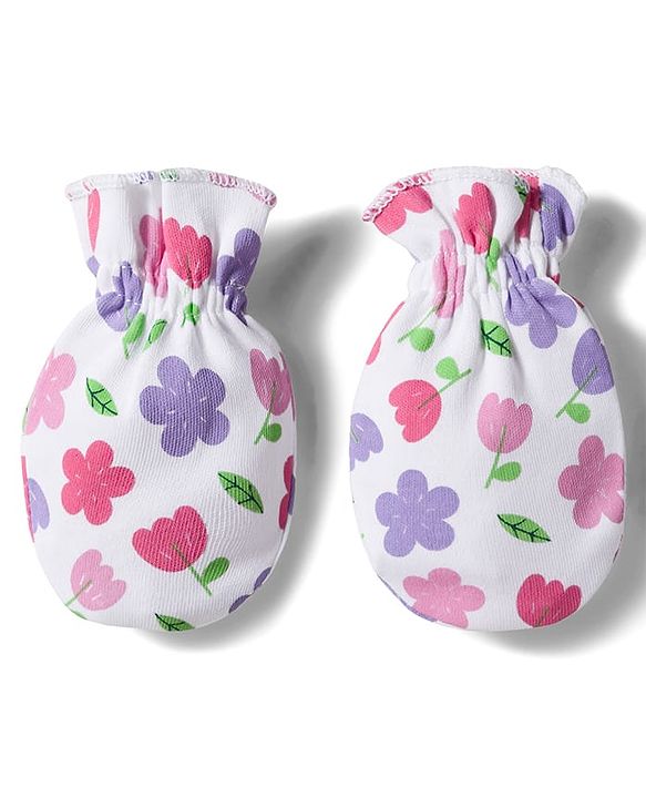 Babyhug 100% Cotton Interlock Knit Cap Mittens & Booties Set with Floral Print & Bow Applique White & Pink - Diameter 11 cm