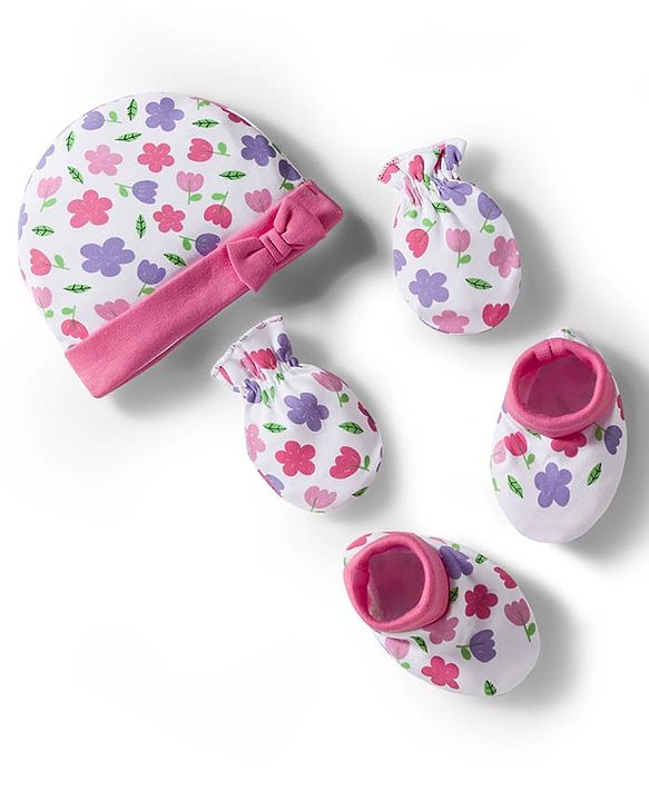 Babyhug 100% Cotton Interlock Knit Cap Mittens & Booties Set with Floral Print & Bow Applique White & Pink - Diameter 11 cm