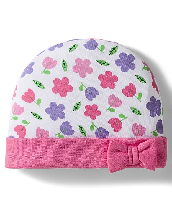 Babyhug 100% Cotton Interlock Knit Cap Mittens & Booties Set with Floral Print & Bow Applique White & Pink - Diameter 11 cm