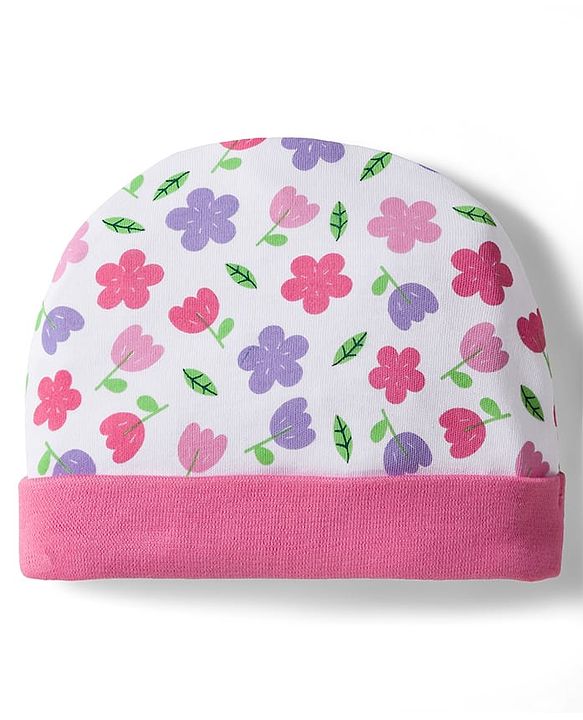Babyhug 100% Cotton Interlock Knit Cap Mittens & Booties Set with Floral Print & Bow Applique White & Pink - Diameter 11 cm