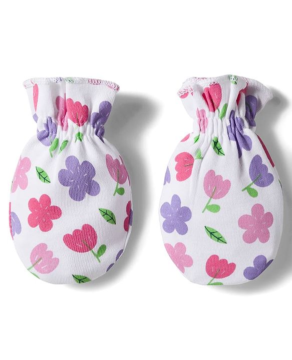 Babyhug 100% Cotton Interlock Knit Cap Mittens & Booties Set with Floral Print & Bow Applique White & Pink - Diameter 11 cm
