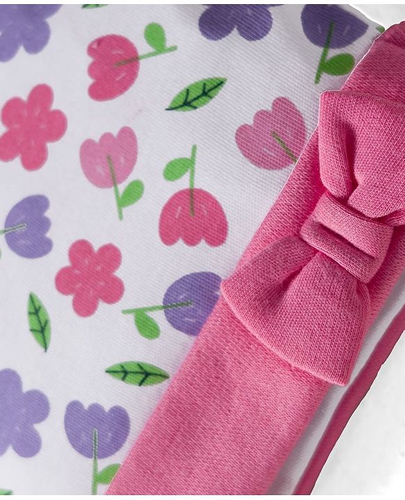 Babyhug 100% Cotton Interlock Knit Cap Mittens & Booties Set with Floral Print & Bow Applique White & Pink - Diameter 11 cm