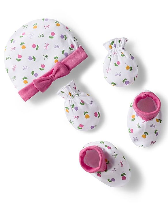 Babyhug 100% Cotton Interlock Knit Cap Mittens & Booties Set with Floral Print & Bow Applique White & Pink - Diameter 10 cm