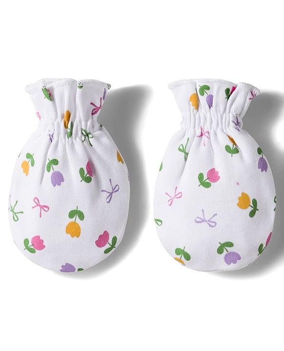 Babyhug 100% Cotton Interlock Knit Cap Mittens & Booties Set with Floral Print & Bow Applique White & Pink - Diameter 10 cm