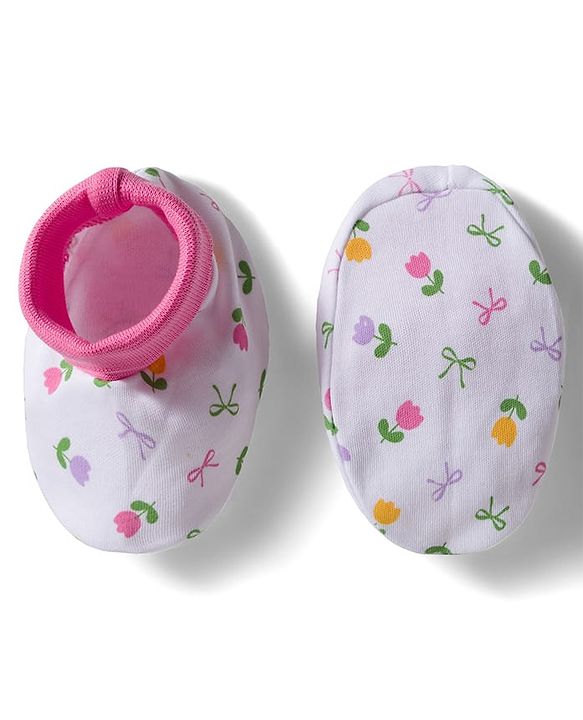 Babyhug 100% Cotton Interlock Knit Cap Mittens & Booties Set with Floral Print & Bow Applique White & Pink - Diameter 10 cm