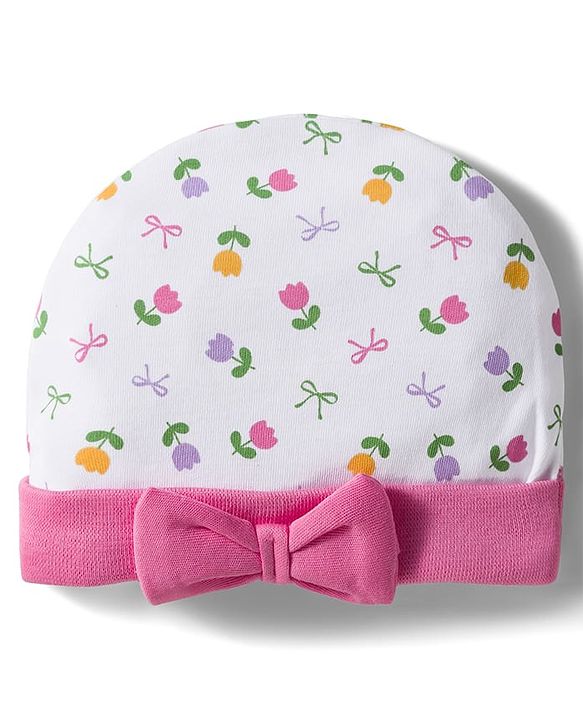Babyhug 100% Cotton Interlock Knit Cap Mittens & Booties Set with Floral Print & Bow Applique White & Pink - Diameter 10 cm