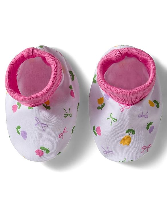 Babyhug 100% Cotton Interlock Knit Cap Mittens & Booties Set with Floral Print & Bow Applique White & Pink - Diameter 10 cm