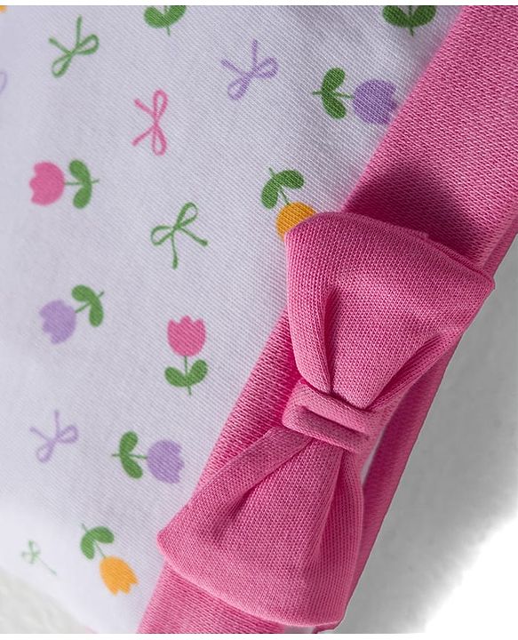 Babyhug 100% Cotton Interlock Knit Cap Mittens & Booties Set with Floral Print & Bow Applique White & Pink - Diameter 10 cm