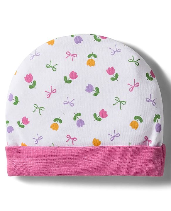 Babyhug 100% Cotton Interlock Knit Cap Mittens & Booties Set with Floral Print & Bow Applique White & Pink - Diameter 10 cm