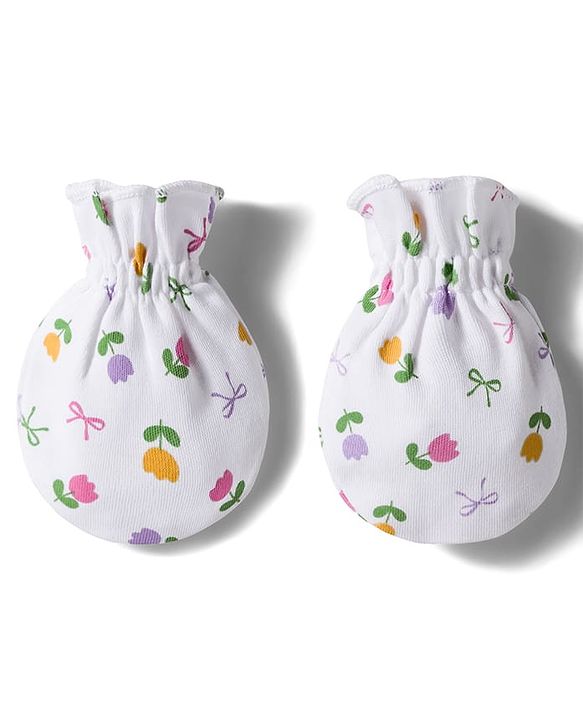 Babyhug 100% Cotton Interlock Knit Cap Mittens & Booties Set with Floral Print & Bow Applique White & Pink - Diameter 10 cm