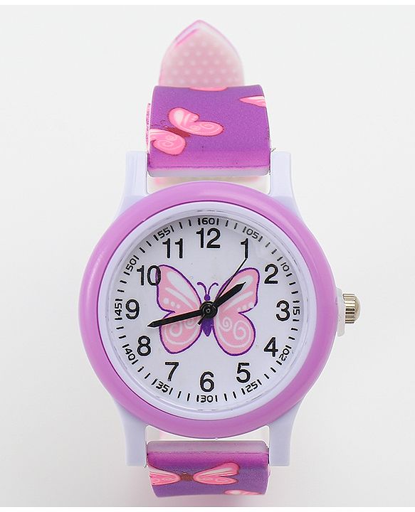 Babyhug Free Size Analog Watch with Butterfly Print - Purple