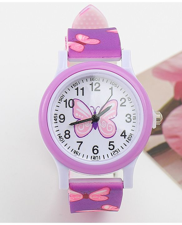 Babyhug Free Size Analog Watch with Butterfly Print - Purple
