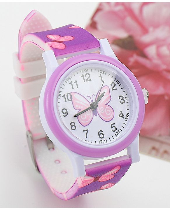 Babyhug Free Size Analog Watch with Butterfly Print - Purple