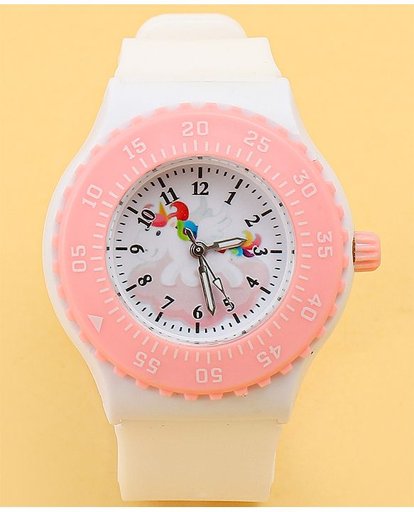 Babyhug Free Size Analog Watch with Unicorn Print - White & Pink