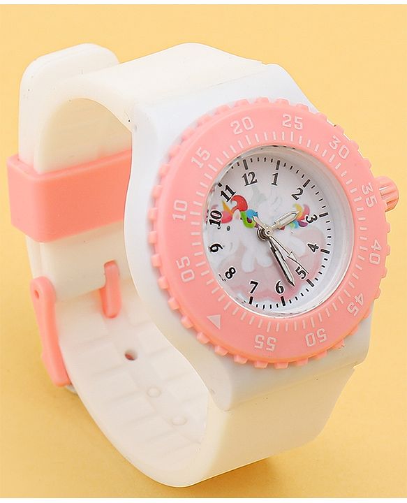 Babyhug Free Size Analog Watch with Unicorn Print - White & Pink