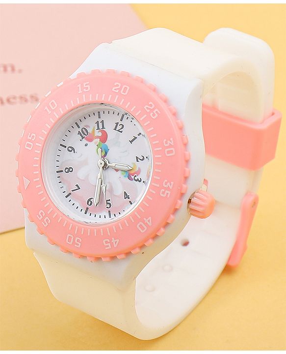 Babyhug Free Size Analog Watch with Unicorn Print - White & Pink