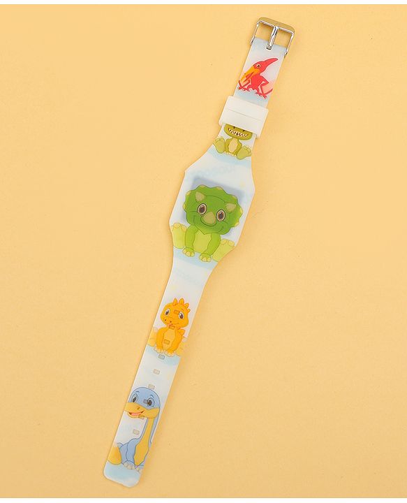 Babyhug Free Size Digital Watch with Dino Print - White & Green