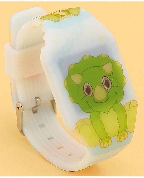 Babyhug Free Size Digital Watch with Dino Print - White & Green