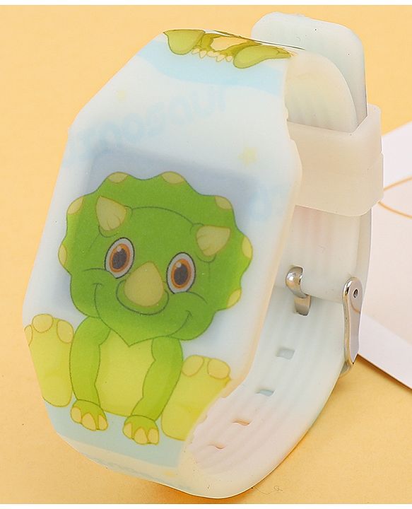 Babyhug Free Size Digital Watch with Dino Print - White & Green