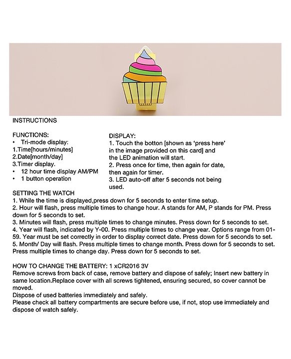 Babyhug Free Size Digital Watch with Cupcake Print - Yellow