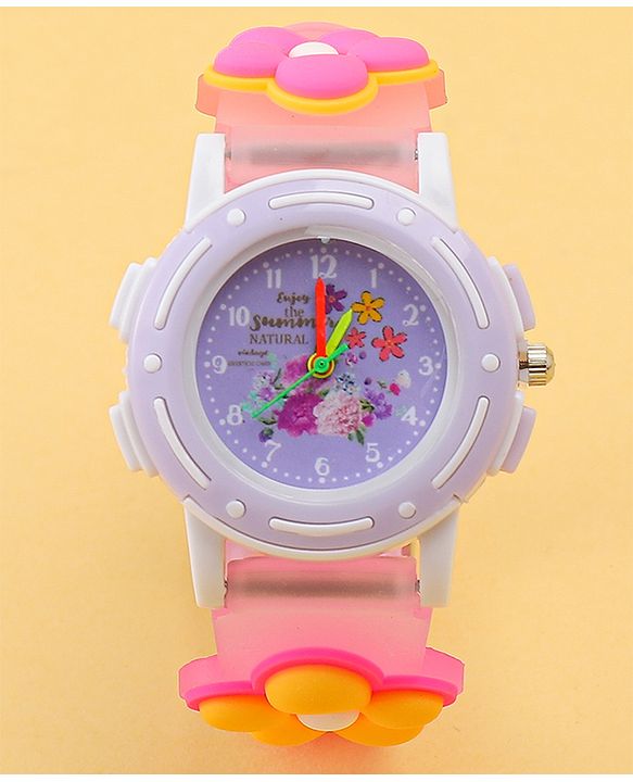 Babyhug Free Size Analog Watch with Floral Print - Purple & Pink