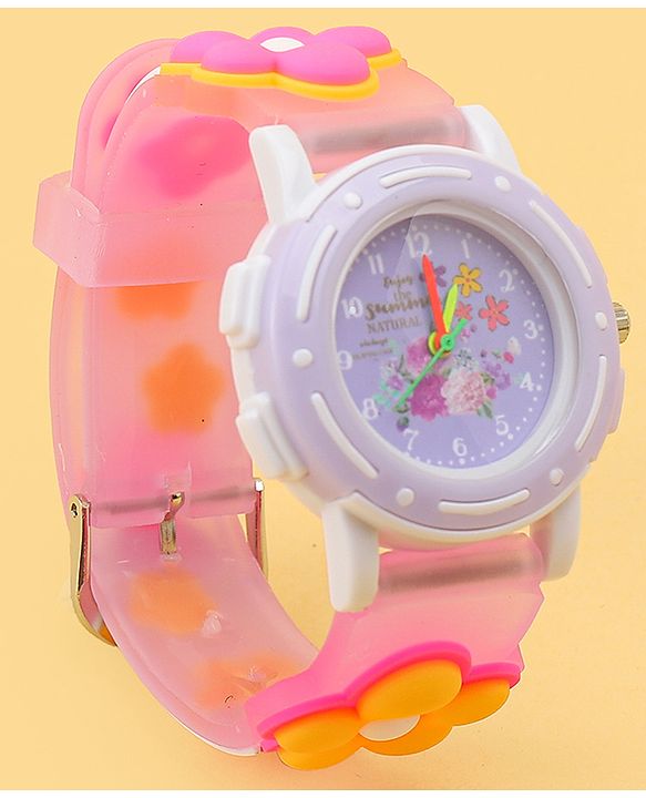 Babyhug Free Size Analog Watch with Floral Print - Purple & Pink