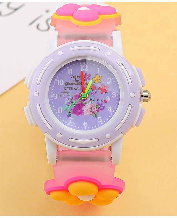 Babyhug Free Size Analog Watch with Floral Print - Purple & Pink