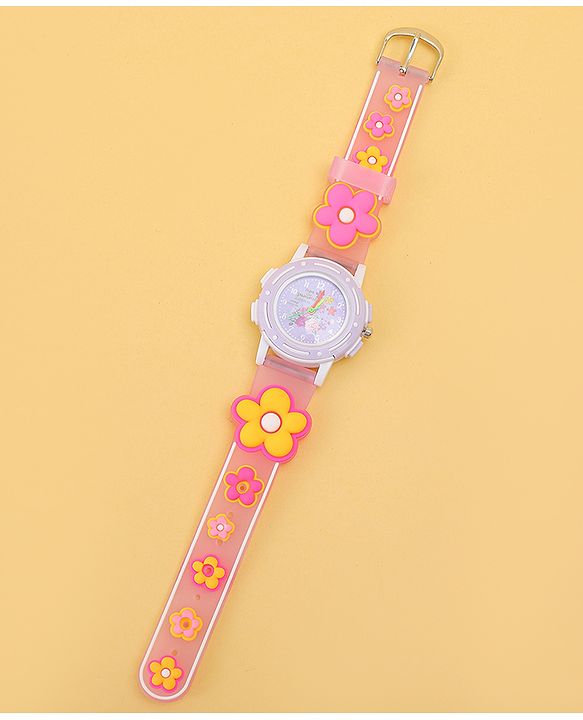 Babyhug Free Size Analog Watch with Floral Print - Purple & Pink