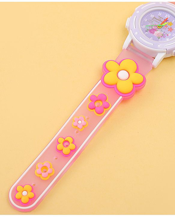 Babyhug Free Size Analog Watch with Floral Print - Purple & Pink