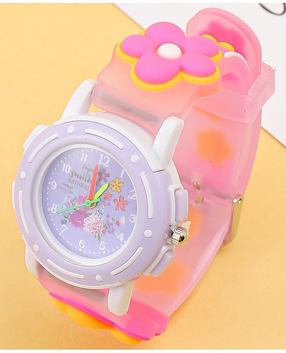 Babyhug Free Size Analog Watch with Floral Print - Purple & Pink