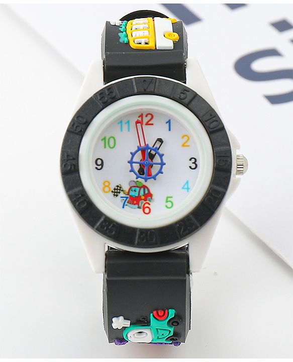 Babyhug Free Size Analog Watch with Car Print - White & Black