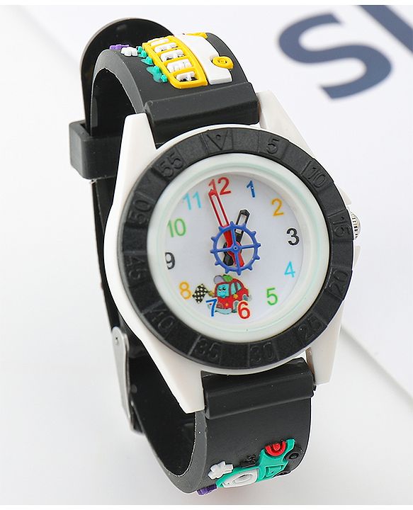 Babyhug Free Size Analog Watch with Car Print - White & Black